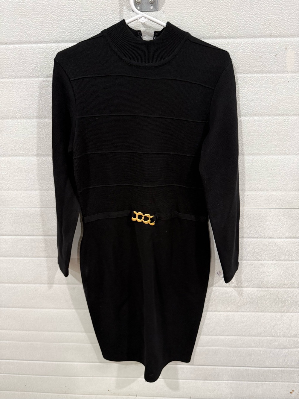 Nina Patrick Elegant Black Long-Sleeve Knit Dress with Gold Chain Waist Detail